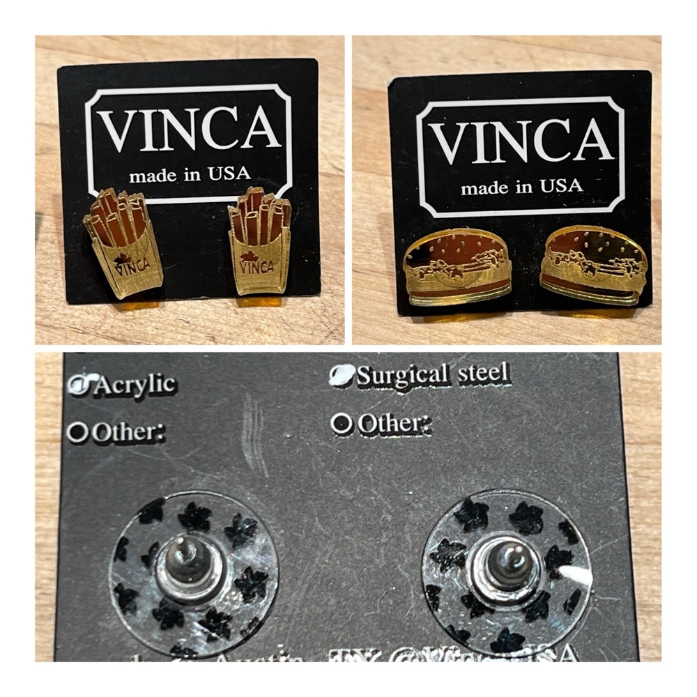 Lot of 2 - Burger and Fries Pierced Stud Earrings in Mirror Gold